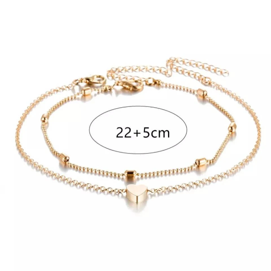 Bracelet de cheville double en acier avec pendentif coeur