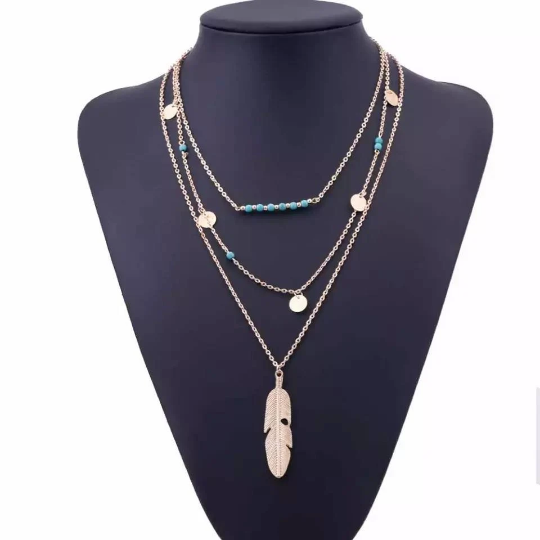 Collier sautoir avec plumes et pierre de turquoise - collier triple chaîne bohème - Shinyboheme - Sautoir amérindien - Sautoir boho chic plume et pierre de turquoise - Pierre de turquoise naturelle - Pierre de lithothérapie - Shiny bohème