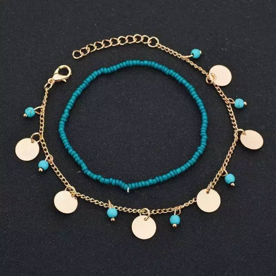 Chaîne de cheville double - Bracelet de cheville bohème - Bohémien bijoux - Bracelet de cheville avec breloques - Bracelet de cheville bleu et or - Shinyboheme