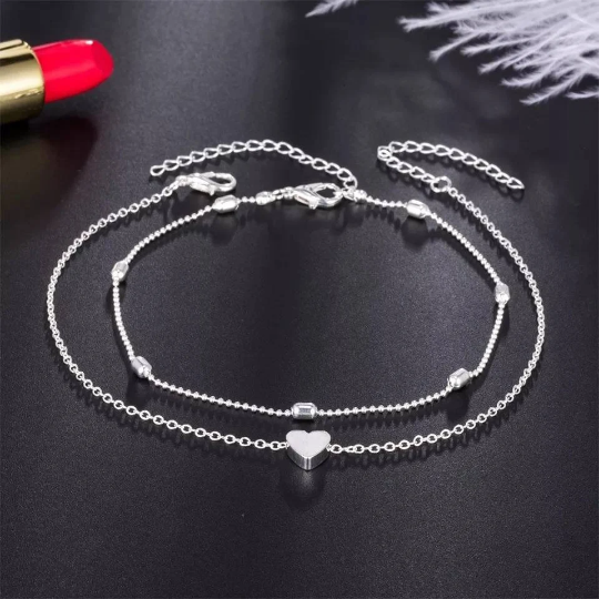 Bracelet de cheville double en acier avec pendentif coeur