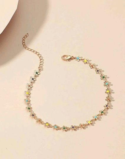 Bracelet de cheville petites fleurs et perles de couleur - Chaîne de cheville petites fleurs - Flower power - Bracelet de cheville été - Chaîne de cheville hippie - Hippie chic - Bohostyle - Bijoux fantaisie bohème - Shinyboheme