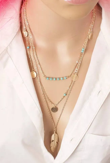 Collier sautoir avec plumes et pierre de turquoise - collier triple chaîne bohème - Shinyboheme - Sautoir amérindien - Sautoir boho chic plume et pierre de turquoise - Pierre de turquoise naturelle - Pierre de lithothérapie - Shiny bohème