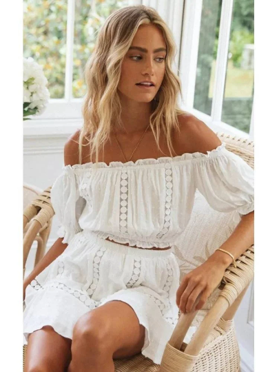 Sexy boho chic ensemble haut et bas blanc en dentelle été tenue de plage
