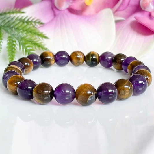 Bracelet de lithothérapie en pierres naturelles - Pierre naturelle d'améthyste et pierre naturelle d'oiel de tigre - Lithothérapié - Perles en améthyste - Perles en oeil de tigre - Shinyboheme