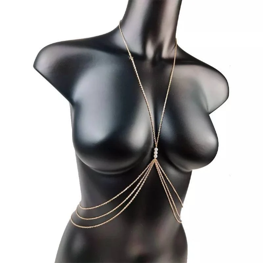 Shinybohème - Shinyboheme -Bijoux de corps sexy femme - Chaîne de coprs poitrine sexy - Chaîne sexy femme - Bijoux sexy de corps seins femme avec perles de culture