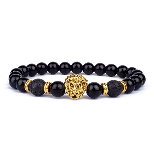 Bracelet en perles d'onyx et pierre de lave et tête de lion - Shinyboheme - Pierre naturelle d'onyx - Pierre naturelle de lithothérapie - Pierre de lave - Shiny Bohème - Perles de lithothérapie