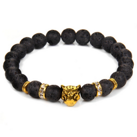 Bracelet de lithothérapie pierre de lave et tête de léopard - Bijoux tête de guépard - tête de félin - Pierre de lave naturelle - Shinyboheme - Perles de lithothérapie - Shiny Bohème