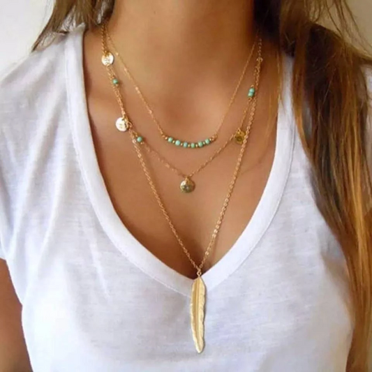 Collier sautoir avec plumes et pierre de turquoise - collier triple chaîne bohème - Shinyboheme - Sautoir amérindien - Sautoir boho chic plume et pierre de turquoise - Pierre de turquoise naturelle - Pierre de lithothérapie - Shiny bohème