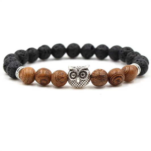 Bracelet hiboux - Shinyboheme - Pierre naturelle de lave - pierre de lave naturelle - perles en pierre de lave - bois de santal - perles en bois de santal - perles de bois - bracelet en bois de santal - perles de lithothérapie - bracelet tête de hibous et perles naturelles - Shiny Bohème