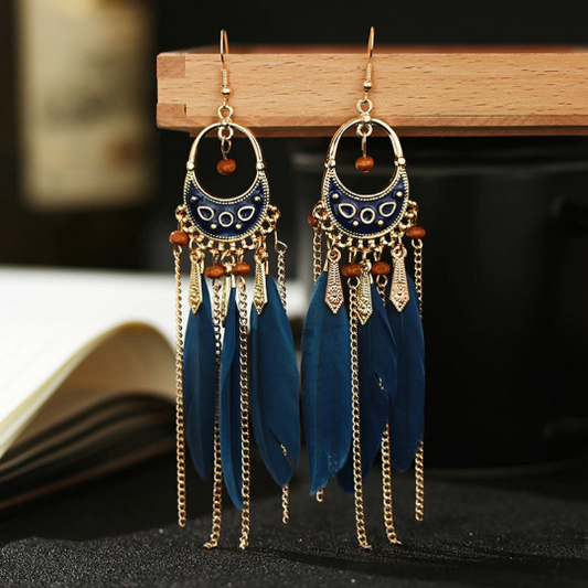 Boucles d'oreilles ethniques amérindienes Shinyboheme bleues foncées et or