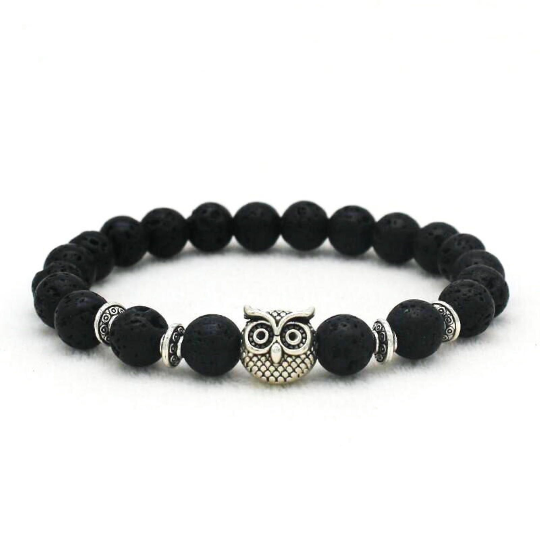 Bracelet de lithothérapie en pierre de lave naturelle et tête de hibou - Pierre de lave naturelle -  Perles tibétaines - Tête de hiboux - Pierre de lithotgérapie - Bracelet en pierres naturelles - Shiny Bohème