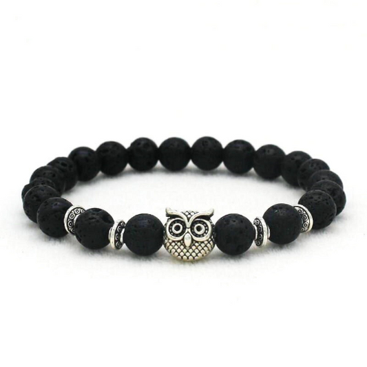 Bracelet de lithothérapie en pierre de lave naturelle et tête de hibou - Pierre de lave naturelle -  Perles tibétaines - Tête de hiboux - Pierre de lithotgérapie - Bracelet en pierres naturelles - Shiny Bohème