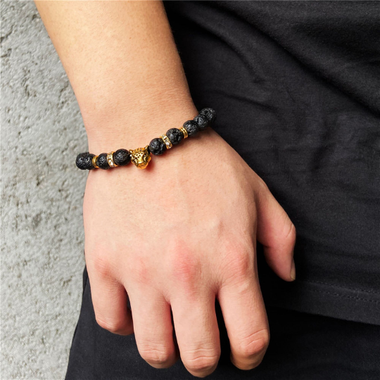 Bracelet de lithothérapie pierre de lave et tête de léopard - Bijoux tête de guépard - tête de félin - Pierre de lave naturelle - Shinyboheme - Perles de lithothérapie - Shiny Bohème