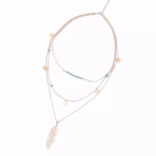 Collier sautoir avec plumes et pierre de turquoise - collier triple chaîne bohème - Shinyboheme - Sautoir amérindien - Sautoir boho chic plume et pierre de turquoise - Pierre de turquoise naturelle - Pierre de lithothérapie - Shiny bohème