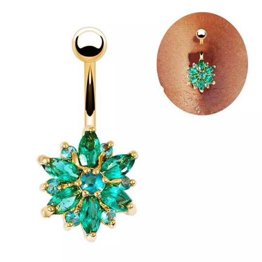 Piercing de nombril sexy cristal fleur vert - Shinyboheme - Piercing au nombril vert - Boucle de nombril - Bijoux de nombril femme - Bijoux de crops piercing femme - Bijoux de corps sexy - Shiny Bohème - Piercing vert en forme de fleur