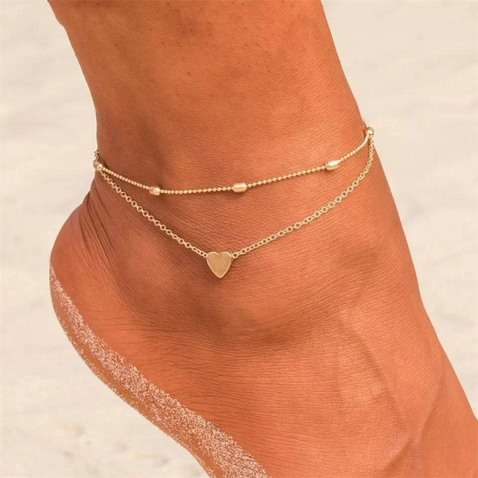 Bracelet de cheville bohème coeur en acier inoxydable